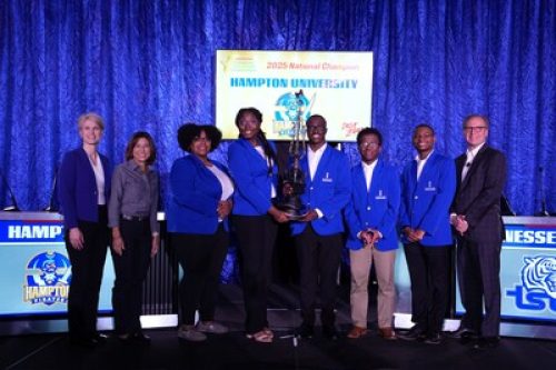 Hampton University won the 2025 Honda Campus All-Star Challenge championship. Left to right: Tanya Alloway, vice president of Human Resources, Honda Development & Manufacturing of America; Monica Oliverio, vice president of General Administration, American Honda; Stella Nelms, Hampton coach; Skai White, Hampton sophomore; Miles Cross, team captain and Hampton freshman; Jaron Haynes, Hampton freshman; Donte Wyatt, Jr., Hampton sophomore; and Bob Nelson, executive vice president, American Honda.